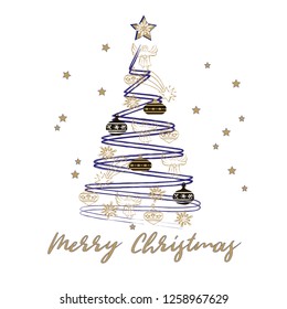 Merry Christmas and Happy New Year greeting card. Stylized  Christmas tree decorated with golden stars on a white background. Vector illustration.
