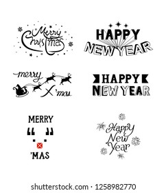 Merry Christmas and Happy New Year calligraphic design, typographic design, handwritten lettering set.