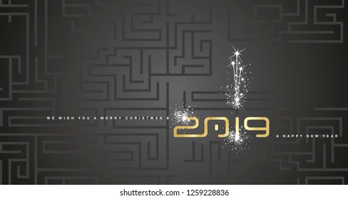 Merry Christmas and Happy New Year 2019 gold sparkle cyberspace abstract labyrinth black background