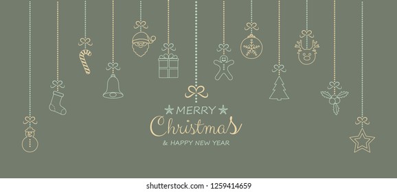 Merry Christmas and Happy New Year - greeting card with hanging ornaments. Vector.