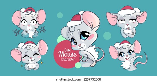 Merry christmas and Happy new year! Collection isolated set of mouse in red hat in cartoon style. Cute Xmas chatacter stickers.