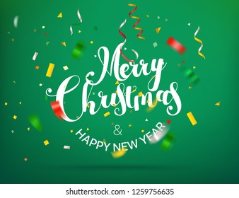 Merry Christmas and Happy New Year greeting card with confetti. Vector illustration