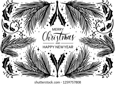 Merry christmas and happy new year - hand lettering vector card. Typographical Background With Christmas Elements.