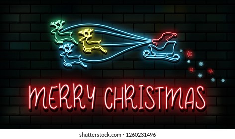 Merry Christmas and Happy New Year background. Santa Claus, 3D Neon light Glowing on the dark wall. vector illustration.