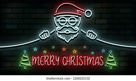 Merry Christmas and Happy New Year background. Santa Claus, 3D Neon light Glowing on the dark wall. vector illustration.