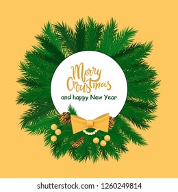 Merry Christmas and Happy New Year round label green spruce branches and bow decorated by pearl garland, pine cone and yellow berries vector isolated