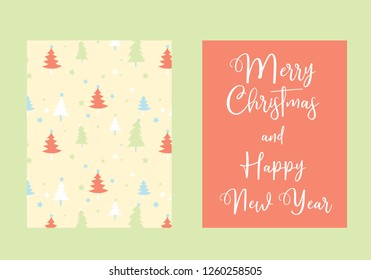 Merry Christmas and Happy New Year vector card, colorful trees pattern	