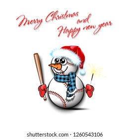 Merry Christmas and happy new year. Snowman from baseball balls on an isolated background. Pattern for banner, poster, greeting card, party invitation. Vector illustration