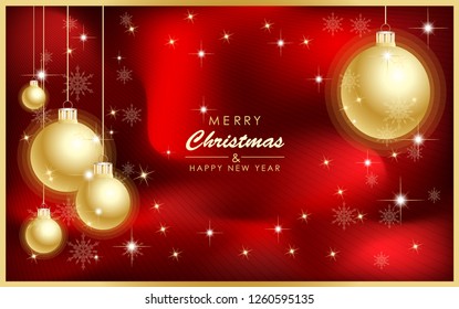 Merry Christmas and Happy New Year gift card background with golden Christmas decoration, balls, stars and snowflakes, vector