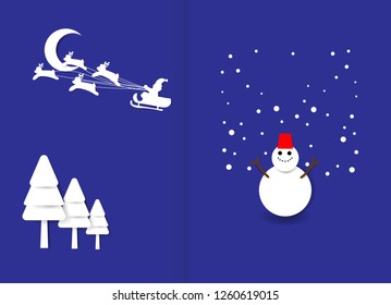 Merry Christmas, Happy New Year 2019. Snowman with beautiful winter, reindeers in the sky and snowfall in the pine forest on snow background and copy space, vector illustration. 