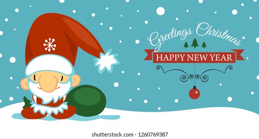 Merry Christmas and Happy New Year post card with cute Santa Clause in cartoon style on blue background with falling snow
