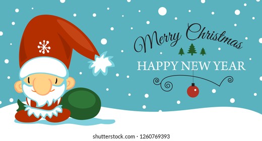 Merry Christmas and Happy New Year post card with cute Santa Clause in cartoon style on blue background with falling snow