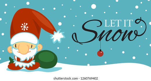 Merry Christmas and Happy New Year post card with cute Santa Clause in cartoon style on blue background with falling snow