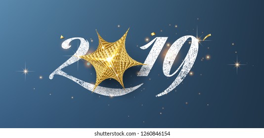 merry christmas and happy new year 2019 vector greeting card and poster design with golden ribbon and star. - Vector