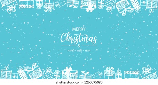 Merry Christmas and Happy New Year. Frame made of gifts. Hand drawn. Vector illustration
