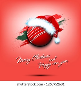 Merry Christmas and Happy new year. New year and cricket ball in santa hat on isolated red background. Design pattern for greeting card. Vector illustration