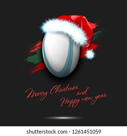 Merry Christmas and Happy new year. New year and rugby ball in santa hat on isolated black background. Design pattern for greeting card. Vector illustration