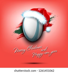 Merry Christmas and Happy new year. New year and rugby ball in santa hat on isolated red background. Design pattern for greeting card. Vector illustration