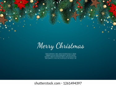 Merry Christmas and Happy New Year. Xmas background with gift box, Snowflakes and balls design.