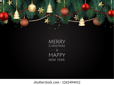 Merry Christmas and Happy New Year. Xmas background with gift box, Snowflakes and balls design.