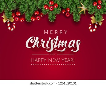 Merry Christmas Happy New Year Typographical card  banner with  elements border frame with season realistic looking christmas fir tree branch decorated with red berries, stars and candy cane with bow