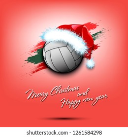 Merry Christmas and Happy new year. New year and volleyball ball in santa hat on isolated red background. Design pattern for greeting card. Vector illustration