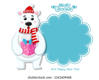 Merry Christmas and happy new year. Vector Greeting Card Cute Polar Bear. decorative element on holiday. posters, gift tags and labels.