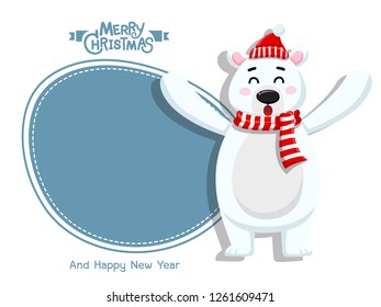 Merry Christmas and happy new year. Vector Greeting Card Cute Polar Bear. decorative element on holiday. posters, gift tags and labels.
