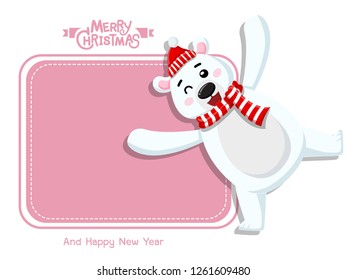 Merry Christmas and happy new year. Vector Greeting Card Cute Polar Bear. decorative element on holiday. posters, gift tags and labels.