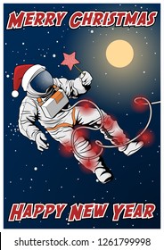 Merry Christmas and Happy New Year Greetings from the Outer Space. Vector Illustration Astronaut in Orbit, Santa Hat and Garland