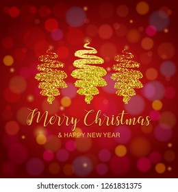 Merry Christmas and Happy New Year lettering. XMAS banner decorated with handdrawn gold glitter Christmas tree on a red backdrop with confetti. Concept design for Winter holidays. Vector illustration