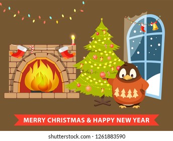Merry Christmas and happy New Year poster penguin at home vector. Pine tree decorated with garlands and baubles, animal wearing warm clothes sweater
