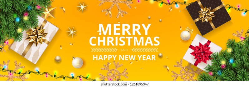 Merry Christmas and happy new year banner, Xmas sparkling lights garland with gifts box  bow. Horizontal christmas  web poster, card, header website. Yellow Vector illustration with Christmas elements