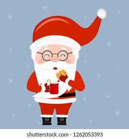 Merry Christmas and Happy New Year greeting card. A cute Santa Claus wearing glasses holds a cup of cocoa and oatmeal cookies with chocolate chips on a snowflakes background. Cartoon style, vector.