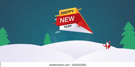 Merry Christmas and Happy New Year background with sign, banner with santa claus. Christmas tree, snow and sky. Winter landscape background with snow, stock vector Vector illustration