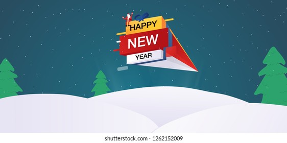 Merry Christmas and Happy New Year background with sign, banner with santa claus. Christmas tree, snow and sky. Winter landscape background with snow, stock vector Vector illustration