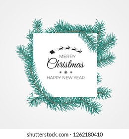 Merry Christmas and Happy New Year banner. White label for text in fir branches. Vector illustration isolated on white background