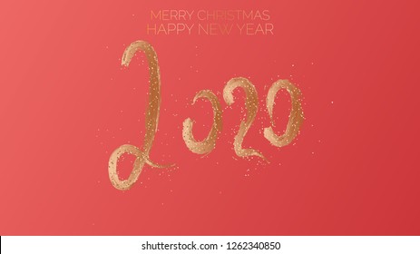 Merry Christmas, Happy New Year, 2020. Text golden with bright sparkles on red chinese color background