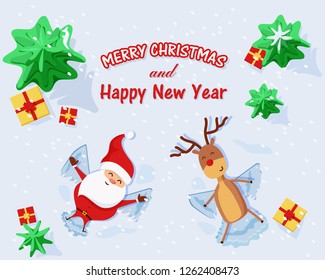 Merry Christmas and Happy New Year greeting card. Santa Claus and Rudolph the reindeer  with red nose are making snow angels surrounded by trees and gifts.