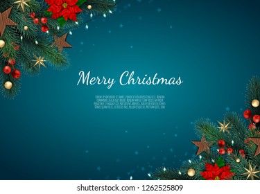Merry Christmas and Happy New Year. Xmas background with gift box, Snowflakes and balls design.