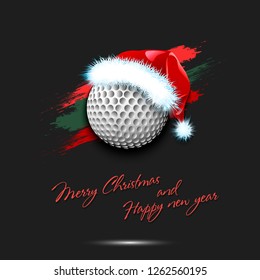 Merry Christmas and Happy new year. New year and golf ball in santa hat on isolated black background. Design pattern for greeting card. Vector illustration