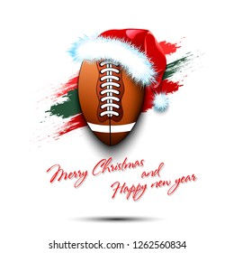 Merry Christmas and Happy new year. New year and football ball in santa hat on isolated white background. Design pattern for greeting card. Vector illustration
