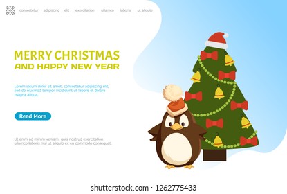 Merry Christmas and happy New Year web page online vector. Pine tree decorated with Santa Claus hat on top, baubles bows and ribbons garlands decor
