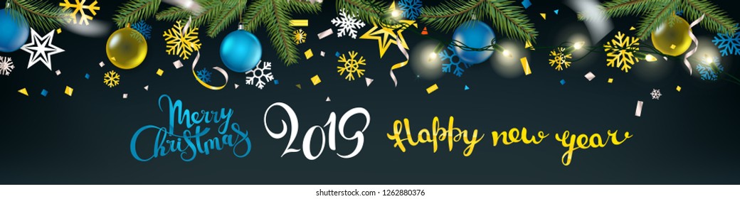 Merry Christmas and Happy new year 2019 inspiration. Holiday web header Christmas background. Xmas elements on red. Top view vector illustration 