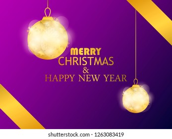 Merry Christmas and Happy New Year. Hanging golden christmas balls. Greeting card design template. Vector illustration