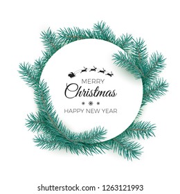 Merry Christmas and happy New Year greeting card. Round white label with fir branches. Vector illustration