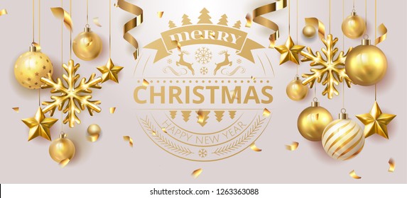 Merry Christmas and Happy New Year illustration. Beautiful gift card with golden balls on fir tree branches. Elegant vector background with gold confetti for xmas design. 