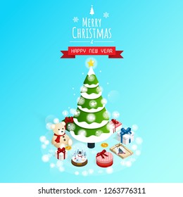 merry christmas and happy new year, isometric christmas snow tree gift box vector