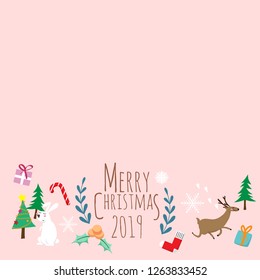 Merry Christmas & Happy New year. cute cartoon of animals character , christmas tree and gift box with text Merry Christmas greeting card isolated on pink background. vector illustration