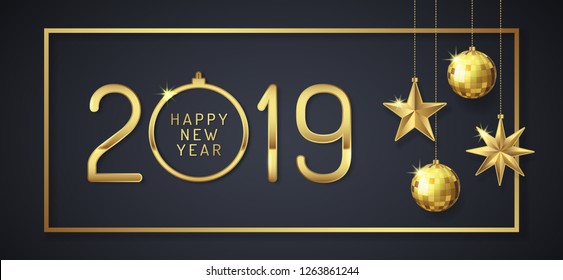 Merry christmas and happy new year 2019 banner template hanging stars, frame and golden glitter balls decoration for flyers, poster, web, banner, and card vector illustration